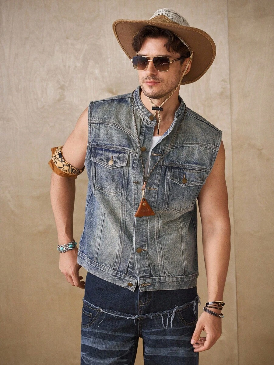 RivetRise Gilet di jeans casual con chiusura lampo, stile di strada, blu retrò, da uomo