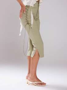 MUSERA Side Laced Up Capri Pants 90's Summer, Ibiza, Cute Winter Party - Brown - View 5