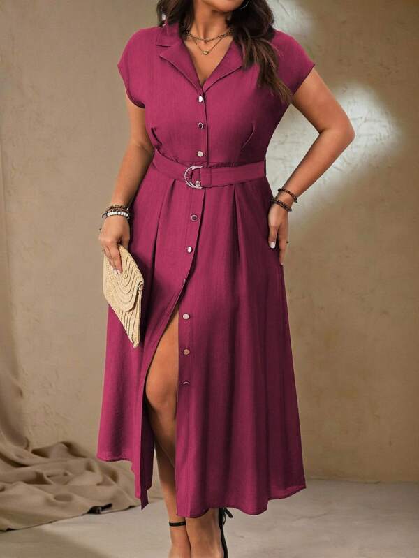 Roveilla Plus Size damska wiosna/lato francuski elegancki biuro swobodny dekolt w serek pasek w talii metalowa klamra w kształcie litery D dekoracja sukienka w kształcie litery A