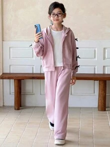 Genkimix Kids 2pcs Tween Girl Fashion Casual Outfit: Hoodie Jacket With 3D Bow Decor And Solid Color Straight Leg Pants Chic Outfits For Autumn/Winter - Pink - View 4