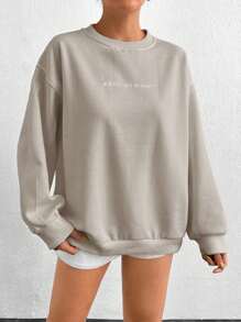 Cottnline 100% Cotton Women's Loose Fit Letter Print Sweatshirt - Camel - View 4