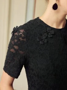 ZEYLAH Elegant High Collar 3D Floral Decor Short Sleeve Long Dress, Spring/Summer - Black - View 2