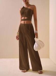 Zivah 2025春夏新款优雅度假休闲通勤母亲节婚礼季音乐节派对街头俱乐部白色纹理面料单肩扭纹细节腰部镂空上衣与阔腿长裤带口袋两件套 - 咖啡棕 - 查看 7