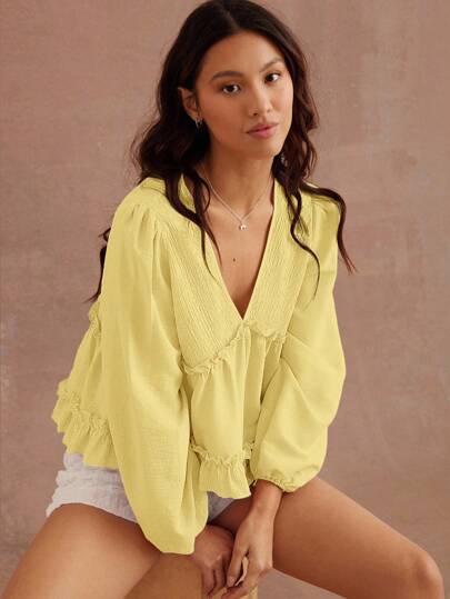 WESTFADE Top de manga larga tipo babydoll con cuello en V de punto y tejido, en color rosa, para el Día de San Valentín