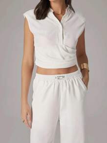 Modelyn 2件套女士无袖褶皱腰上衣和直筒裤 - 米色 - 查看 8