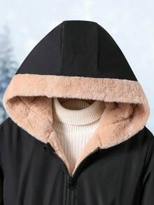 SHEIN Abrigo acolchado de parchwork negro con forro de piel sintética cálido para otoño/invierno, versátil y casual para uso diario y escolar para niñas preadolescentes, con guantes