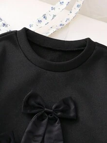 SHEIN Tween Girls Casual All-Match Daily Wear Sweet Bow Decor Round Neck Sweatshirt - Black - View 5