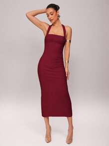 Silquee Early Spring Solid Yellow Romantic Valentine's Day & Date Night Vacation Women's Solid Color Ruffle Hem Halter Cotton Linen Dress, Linen Valentine's Day Dress, Party Dress, Romantic Date Dress, Wedding Bridesmaid Mini Dress, Formal Ball Gown Dress, Daily Commute Dress, White Dress, Birthday Mini Dress, Vacation Dress, Bodycon Midi Dress Midi Dress Halter Midi Dress Tight Midi Dress Elegant Midi Dress Bodycon Dress - Burgundy - View 4