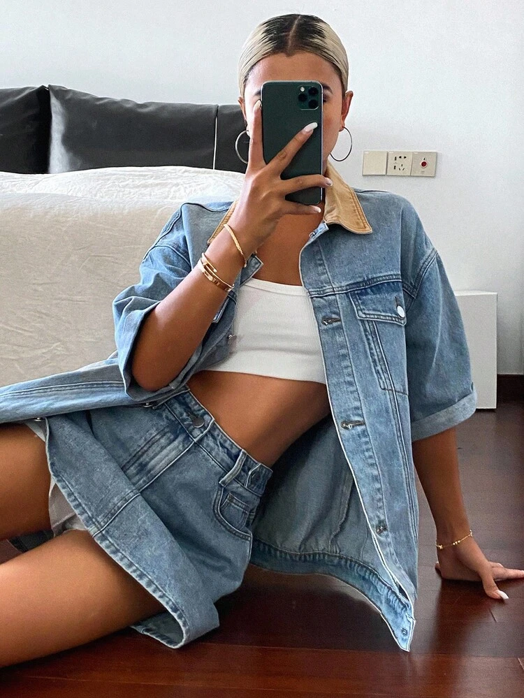Distressed Wash Color Block Loose Short Sleeve Jacket & A-Line Mini Skirt Denim 2-Piece Set For Women, Spring/Autumn