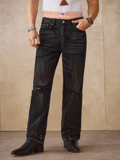 RivetRise Vintage Washed Black Straight Leg Distressed Ripped Dirty Denim Jeans, Suitable For Spring/Summer