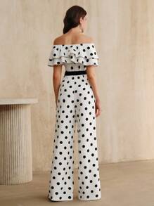 Anewsta 女式夏季新款圆点荷叶边露肩束腰连体裤 - 黑與白 - 查看 7