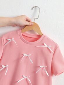 少女蝴蝶装饰条纹荷叶边下摆短袖休闲连衣裙 - 粉色 - 查看 5