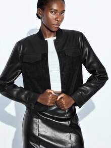 Maija Áo khoác da PU chắp vá thời trang nữ cài nút phía trước cho tiệc hiện đại, thời trang lấp lánh, áo khoác dự tiệc, kim sa lấp lánh, kim cương nóng bỏng, tiệc trở lại trường, câu lạc bộ, tiệc xã hội, lễ hội, tiệc dành cho phụ nữ, thời trang thường ngày đô thị hiện đại, công sở, trang phục công sở nữ, phong cách giản dị, phong cách quý tộc, không cầu kỳ, đi làm ở đô thị cao cấp, sân bay chất lượng cao, trang phục nữ chất liệu cao cấp vào mùa thu/đông - màu đen - Xem 4