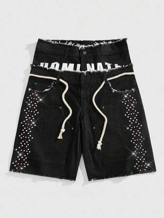 Street Life Short en jean ample pour hommes avec ceinture scintillante en diamant