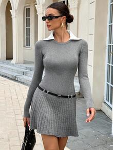 Siren Gaze Autumn Grey Elegant And Classy 2 In 1 Woolen Dress For Women With Belt,Kochi Style A-Line Sweater Dress,Back-To-School Fashionable School Office Wear - Grey - View 4