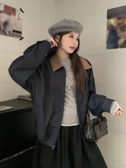 DAZY Women's Casual Korean Style PU Color Block Patchwork Denim Jacket And Coat, Spring/Autumn