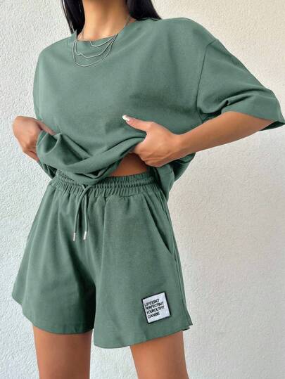 EURMUSE 100 % bomull, enfärgad t-shirt och shorts med broderidetaljer för kvinnor