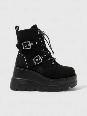 Goth Women's 2024 Autumn/Winter New Round Toe Black Punk Buckle Thick Sole Ankle Boots