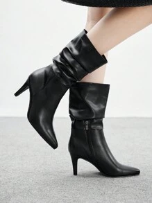 CUCCOO BIZCHIC Women's Pointed Toe Stiletto Heel Black Fashion Slip-On With Side Zipper PU Leather Daily Commute Versatile Pleated Mid-Calf Boots For Christmas - Black - View 6