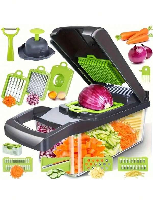 16-In-1 Vegetable Chopper With Container - Multi-Functional Kitchen Cutter For Onions, Fruits And Vegetables, Plastic Food Slicer With Safety Lock, Portable Design And Easy Clean Blades, For Prep, Slicing, Shredding, Vegetable Cutting And Chopping, Simple Kitchen Tool, Easy To Clean