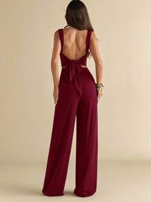 SHEIN BAE Women's Elegant Sexy Solid Black Spaghetti Strap Wide Leg Jumpsuit With Backless Bowknot Design, Suitable For Daily Wear, Dating, Outings, Parties, Gatherings, Elegant Women's Layering, Going Out Outfits, Valentine's Day, Casual, Elegant, Vacation - Burgundy - View 2