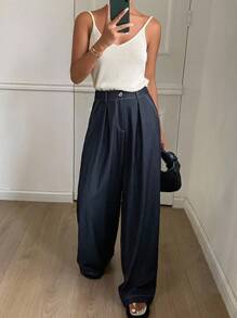 DAZY Pantalones anchos y sueltos con bolsillos y rayas de colores contrastantes, pantalones casuales para mujer, pantalones de vestir para mujer en primavera/otoño - Azul - Ver 3