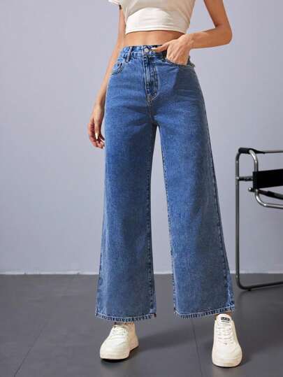 Jeanoix 實色寬腳牛仔褲，附有口袋