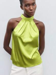 Maija Women's Lace-Up Satin Halter Neck Loose Shoulder Blouse Shirt, Dignified & Elegant Office Casual Wear - Olive Green - View 4