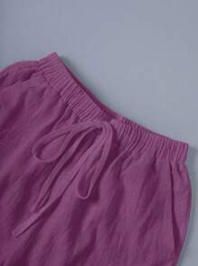 Linhara 大码度假水洗棉收腰后袋纽扣装饰女式短裤 - 紫色 - 查看 4