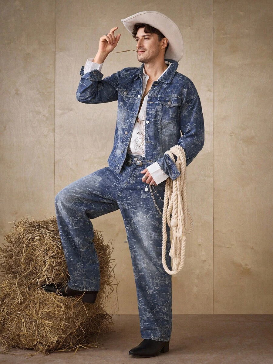 Manfinity Homme 2pcs Men Jacquard Denim Suit, Casual Loose Fit Jacket And Wide Leg Pants Set - Light Wash - View 1