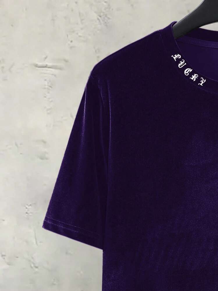 Manfinity Hypemode Camiseta De Fleece Com Letras Impressas Para Homens - Roxo - Visão 3
