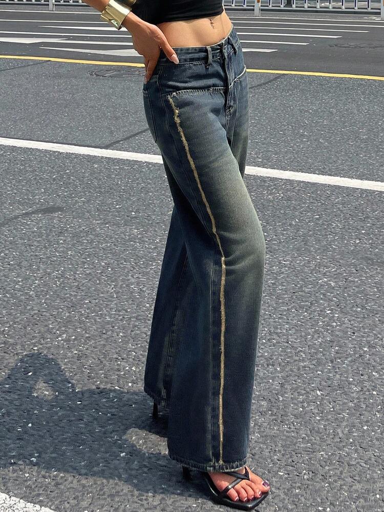 Vintage Washed Straight Leg Jeans, Fashionable & Stylish, Distressed Relaxed Fit Casual Wide Leg Pants