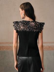 Anewsta 女士优雅蕾丝拼布针织修身弹力黑色 T 恤 - 黑色 - 查看 2