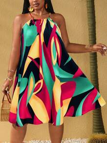 Maweii 大码彩色印花挂脖休闲度假连衣裙