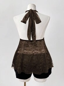 Sunspun Áo hai dây hở vai dáng chữ A bất đối xứng họa tiết nhện xuyên thấu họa tiết Punk Retro thường ngày dành cho nữ cỡ lớn - Cà phê nâu - Xem 2