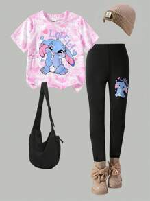 返校少女时尚休闲豹纹樱桃字母图案圆领短袖T恤豹纹打底裤套装个性街头套装夏秋装 - 粉色 - 查看 2