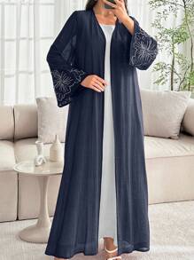 SHEIN Najma Spring/Summer Lightweight Open Front Abaya Jacket With Embroidered Floral Trim On Cuffs And Placket - Navy Blue - View 6