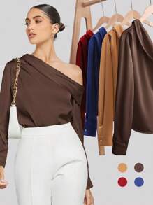 BizChic 女式不对称设计褶皱肩部垂坠宽松长袖缎面衬衫，都市通勤基本款简约优雅时尚商务休闲装，适合教师和办公室穿着 - 棕色 - 查看 3