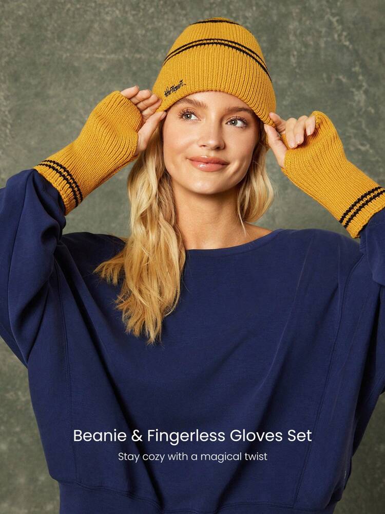 GLOWMODE X Harry Potter Hogwarts House Soft Wool Logo Embroidery Beanie & Fingerless Gloves Set Daily Casual Wear