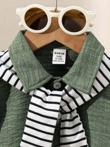 SHEIN Genkimix Kids 3 件套幼儿套装：绿色长袖领衬衫、披肩和裤子，适合通勤、上学、休闲装、运动、夏季和秋季返校季 - 彩色 - 查看 6