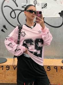 SHEIN Explorewe 1 Stück Teenager Mädchen Hoodie & Sweatshirt Co-Ords, lässiger Preppy Stil und sportlicher großer Buchstaben Aufdruck, Langarm, V-Ausschnitt, Drop-Shoulder, für Frühlung und Herbst - Verschiedenfarbig - View 7