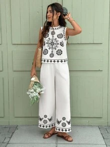 Serisse طقم ملابس علوية وبنطلون بطبعات زهور وهندسية، رقبة دائرية، كاجوال، قطعتين، للعطلات