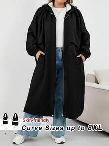 SHEIN CURVE+ Áo khoác trùm đầu dài tay raglan màu trơn cỡ lớn dành cho nữ, dáng rộng, có dây rút, eo cao, thường ngày, mùa đông/thu/đông - màu đen - Xem 12