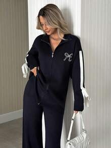 EURMUSE 海军蓝蝴蝶结细节运动衫搭配罗纹长裤套装。 - 藏蓝色 - 查看 5