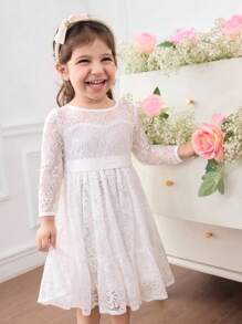 优雅可爱的白色花朵蕾丝长袖连衣裙 - 白色 - 查看 6