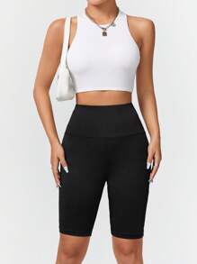 SHEIN EZwear 休闲蝴蝶图案针织紧身女式短款打底裤，适合夏季 - 黑色 - 查看 3