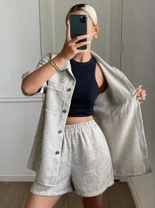 DAZY 2件套女士夏季休闲条纹衬衫和短裤套装 - 米色 - 查看 1