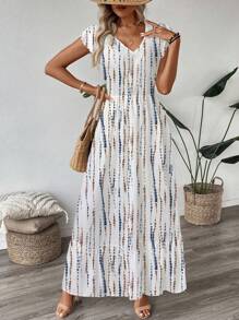 SHEIN LUNE V领荷叶边条纹扎染荷叶袖荷叶边下摆A字连衣裙，女士休闲度假连衣裙，适合外出穿着 - 彩色 - 查看 6