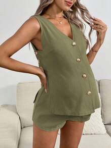 SHEIN Conjunto de maternidad de 2 piezas: pantalones cortos de cintura ajustable de unicolor y top casual sin mangas