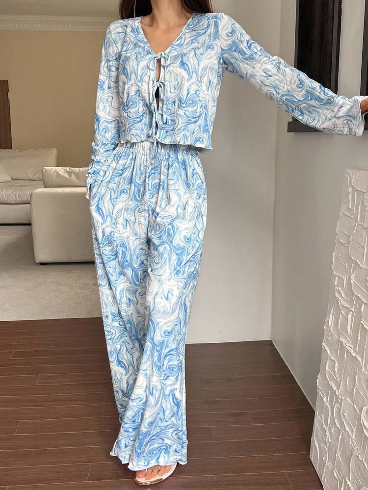 Tie-Dye Print Lettuce Trim Design Women Pajama Set, Fall Clothes